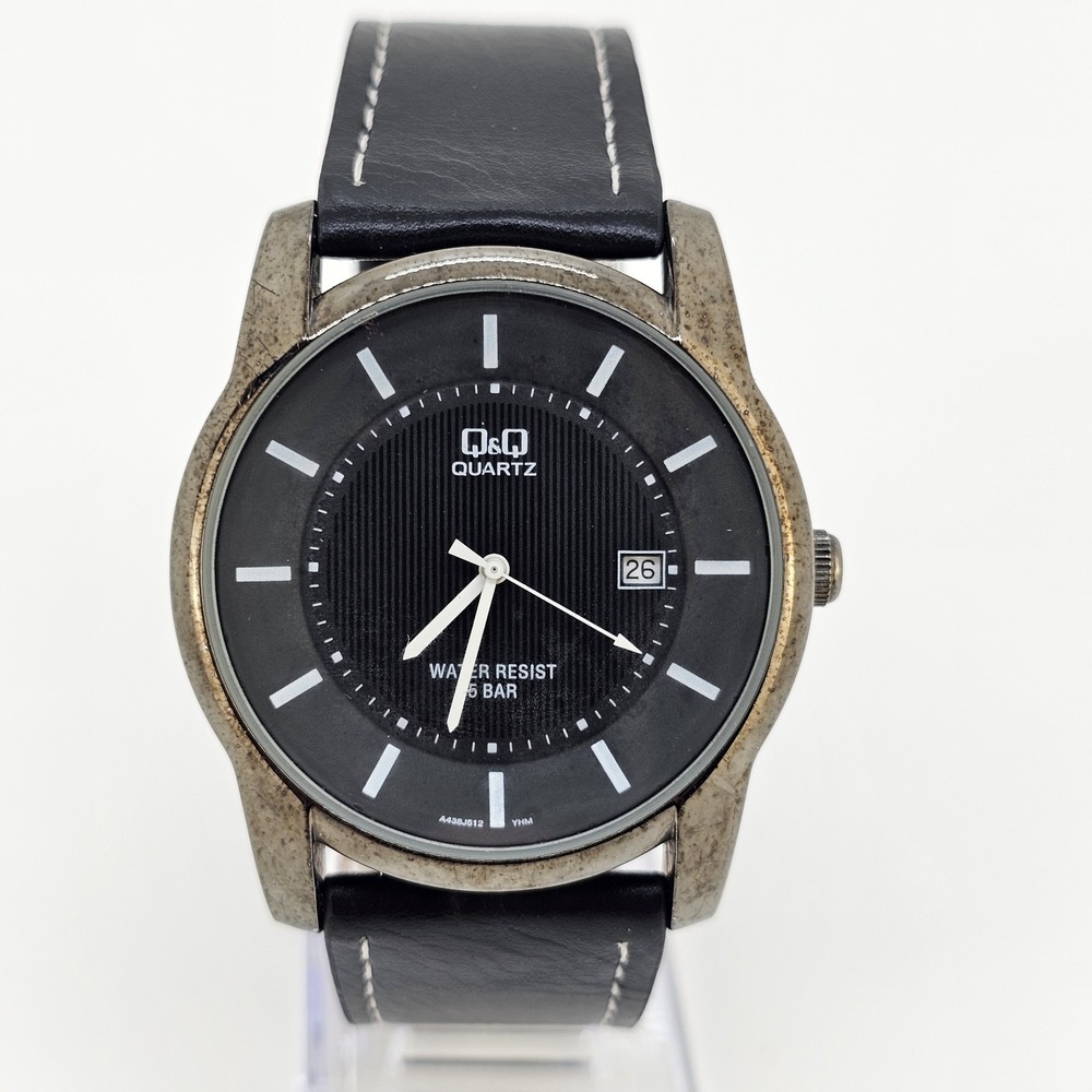 QQ Men's Analog Watch 40MM Black Dial Date‎ New Black Leather Bands New Battery